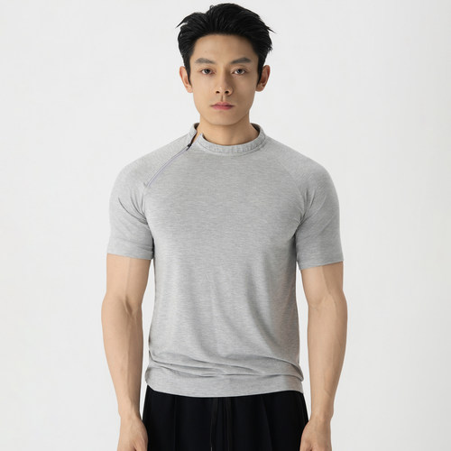 ROSTAT 240g莫代尔棉斜拉链修身短袖 男款健身运动休闲弹力T恤