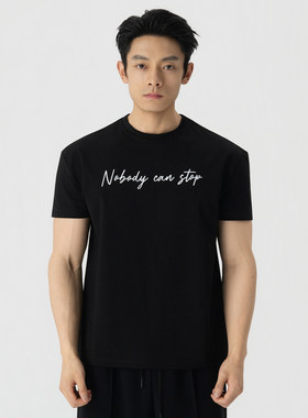 Roast lucky水洗印花nobody can stop标语短袖 男修身显大圆领t恤