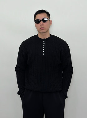 Roast lucky秋冬羊毛亨利领毛衣混纺慵懒老钱风软糯针织衫上衣