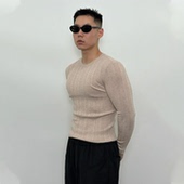 Roast lucky羊毛天丝混纺打底长袖 软糯弹力竖纹坑条针织紧身衣男