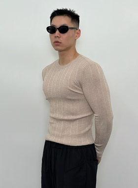 Roast lucky羊毛天丝混纺打底长袖 软糯弹力竖纹坑条针织紧身衣男