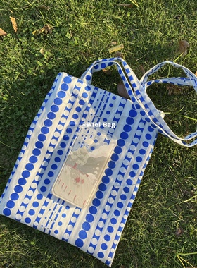 Wfei韩版清爽新款蓝莓泡泡欧根纱提花单肩包蓝色圆点休闲布袋女包