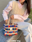 Wfei清仓款 秋冬毛呢水桶包女小众文艺彩色波点单肩包毛呢手提包包