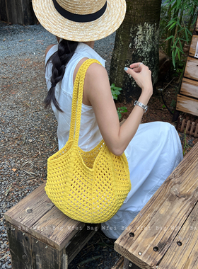Wfei慵懒风镂空手工编织包包女海边度假大容量黄色单肩包手提包女