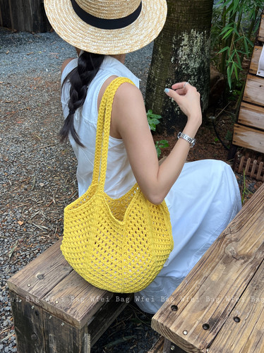 镂空编织包海边度假黄色单肩包