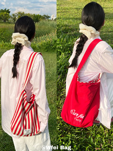 Wfei双面可背单肩包尼龙布袋小众设计感条纹腋下包学院风托特包女