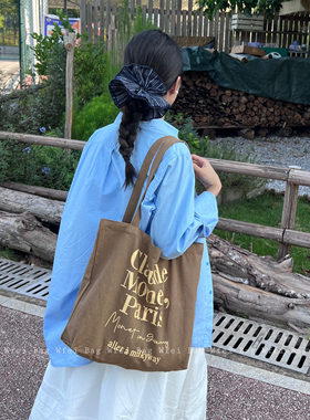 Wfei韩版ins博主同款法式字母帆布包简约休闲百搭新款棕色单肩包