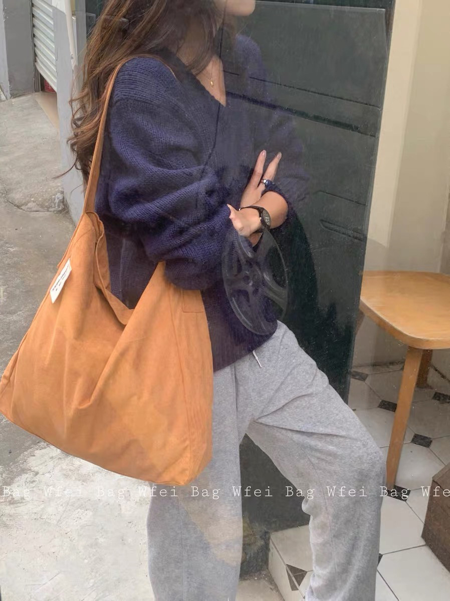 Wfei清仓高级感大容量帆布包包女秋冬复古麂皮绒单肩包通勤托特包