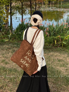 Wfei新款 復(fù)古刺繡帆布包通勤大容量兩用托特包棕色燈芯絨單肩包女