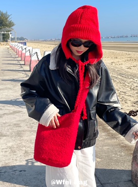 Wfei复古圈圈毛呢大容量水桶包红色单肩包秋冬布袋小众新年斜挎包