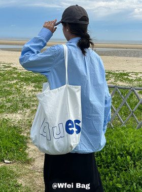 Wfei简约经典单肩包韩系ins通勤大容量托特包白色字母印花帆布袋