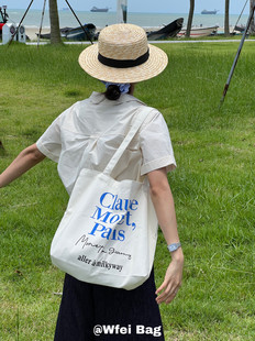 Wfei 法式蓝黑字母帆布包韩国ins博主同款简约通勤单肩包托特包女