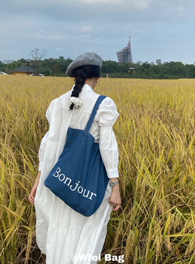 Wfei韩版ins水洗蓝色牛仔布包简约纯色百搭单肩包休闲文艺帆布包