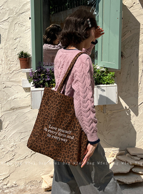 Wfei新款韩系豹纹帆布包大容量百搭单肩包字母通勤包包复古托特包