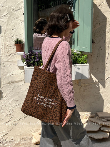 韩系豹纹帆布包大容量百搭单肩包