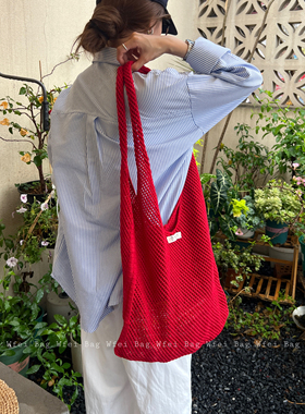 Wfei原创复古红色针织包休闲慵懒风度假镂空编织包通勤简约单肩包