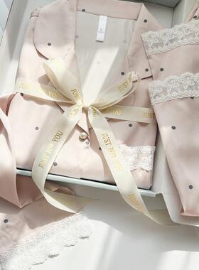 波点蕾丝冰丝睡衣女士春季气质高级感甜美仿真丝家居服套装送朋友