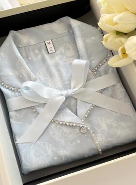 冰丝缎面睡衣女长袖高级感蕾丝丝绸家居服性感套装送闺蜜礼盒装