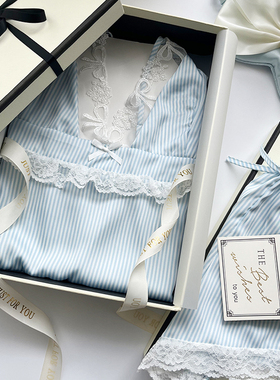 清新蓝条纹冰丝睡衣女吊带2件套夏季短裤居家服送闺蜜生日礼物