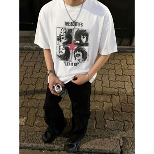 260g索罗娜凉感夏季男装短袖T恤披头士美式复古街头宽松半袖上衣