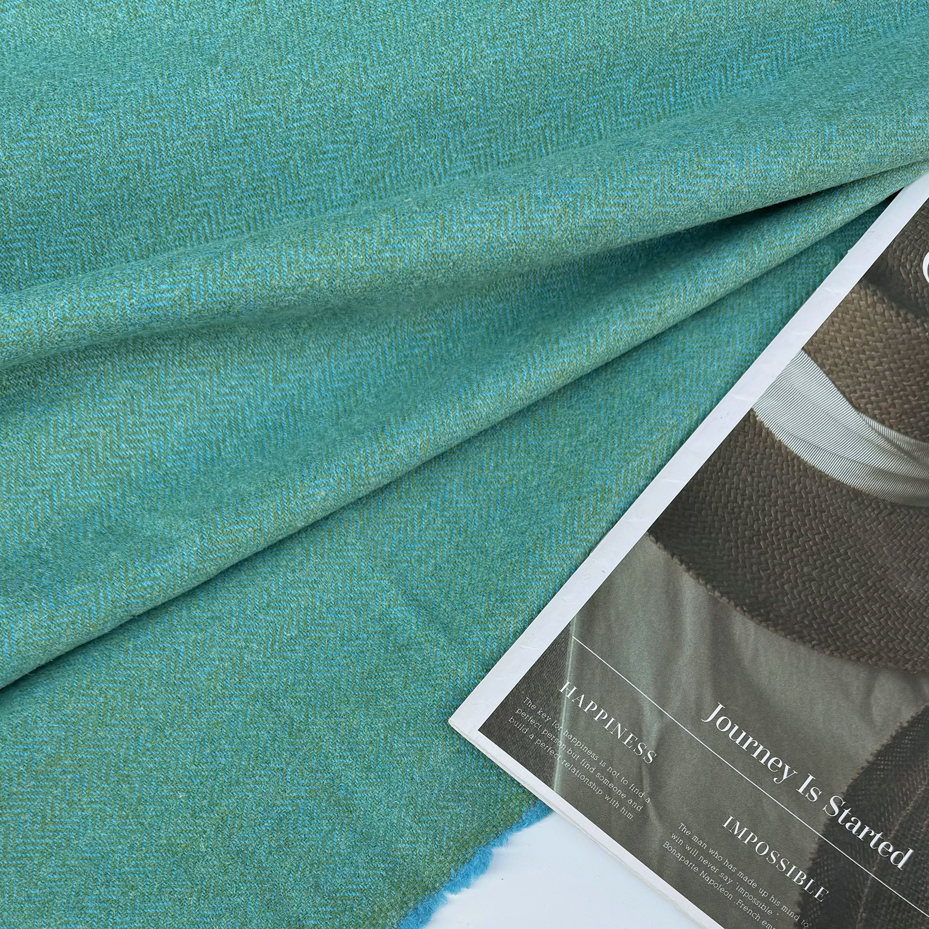 超美意大利进口蓝绿糖果混色人字纹粗纺羊毛西装裤子复古旗袍布料