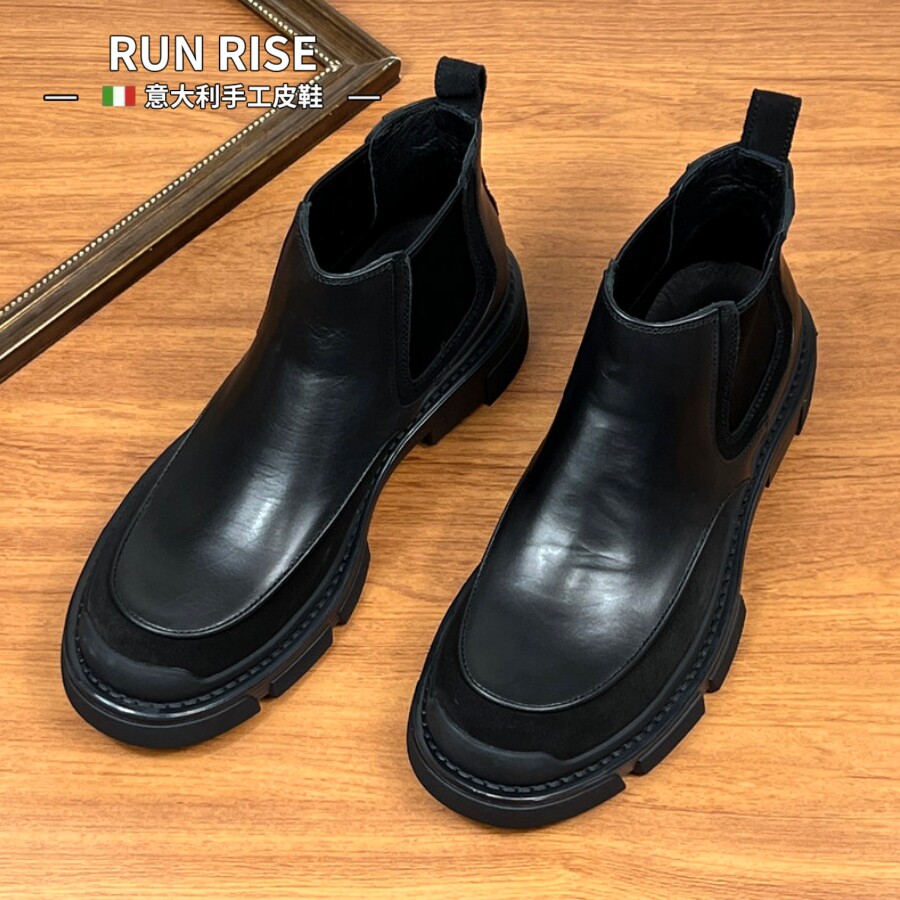 RUNRISE意大利拼接切尔西靴男商务正装圆头短靴子时尚真皮男靴
