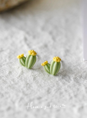仙人掌~小清新春夏森系耳钉文艺小巧精致甜美925纯银绿色陶瓷耳饰
