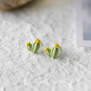 仙人掌 小清新春夏森系耳钉文艺小巧精致甜美925纯银绿色陶瓷耳饰