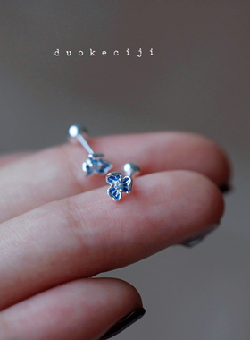 镜花水月 蓝色鸢尾花朵耳钉足银999小巧耳骨钉纯银养耳洞螺丝耳饰