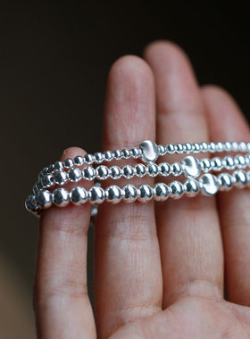 足银999光珠素串转运珠纯银猫眼珠子串珠叠戴百搭银饰手链送礼物