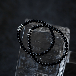 三生三世陨石纹足银999轮回转运珠情侣手链男女款纯银黑玛瑙手串