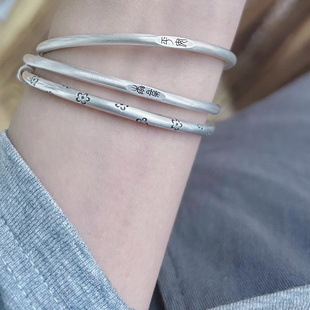 足银999平安喜乐手镯纯银古法拉丝实心素圈新中式 国风汉字银镯子