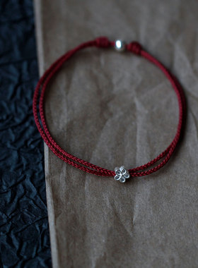 招桃花999足银红绳手链小花手绳