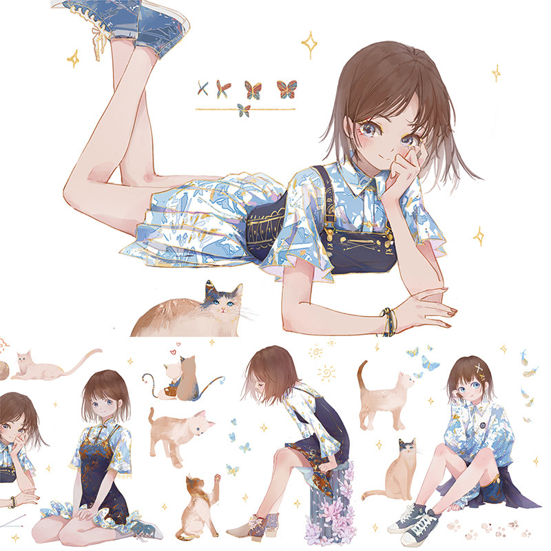okmt新七天可爱手账手帐和纸胶带素材贴纸人物猫与少女