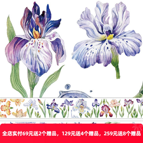 OKMT新七天和纸胶带原创花卉造景手帐本子装饰贴纸PET整卷鸢尾