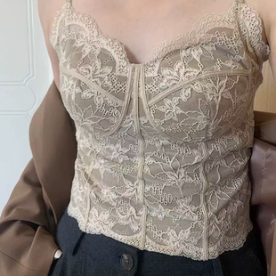 B11 显瘦薄款 美背一体杯免穿文胸背心春夏法式 蕾丝纯欲吊带女修身