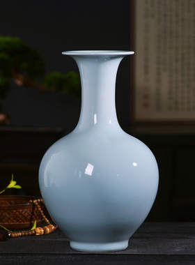 纯手工景德镇陶瓷客厅摆件插花高级感影青瓷花瓶中号赏瓶 送木座