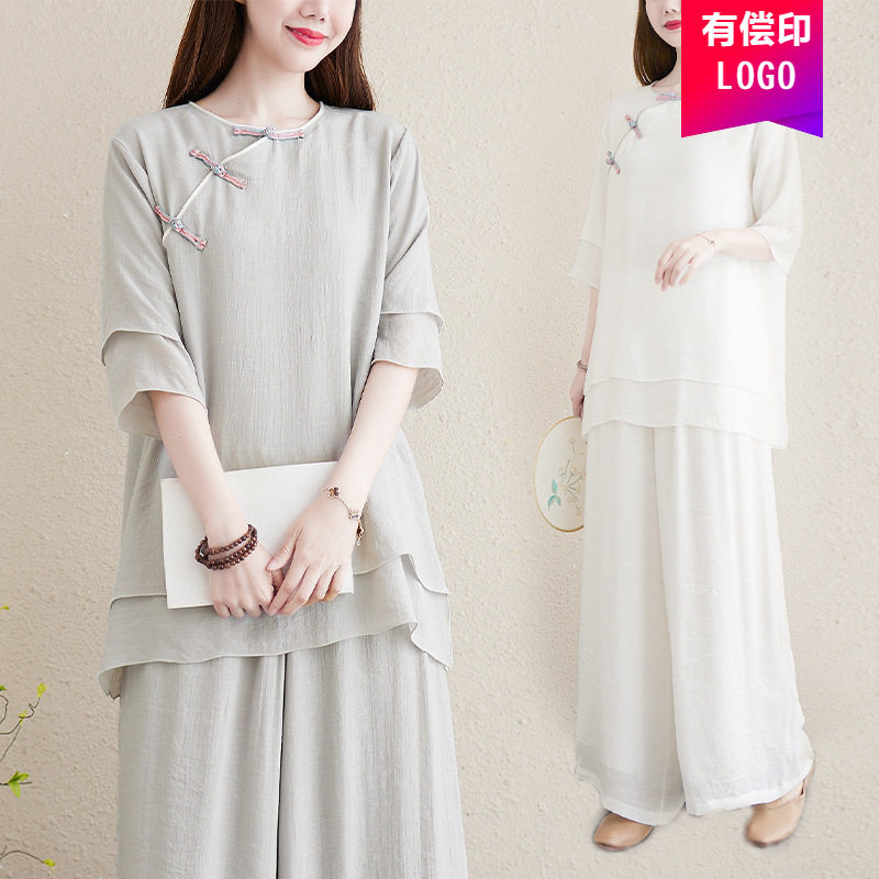 白色禅服复古唐装棉麻茶服禅修服打坐居士服中国风禅意女装两件套