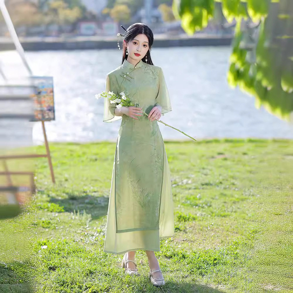 绿色奥黛旗袍2026新款夏季改良年轻款少女新中式日常可穿高考送考