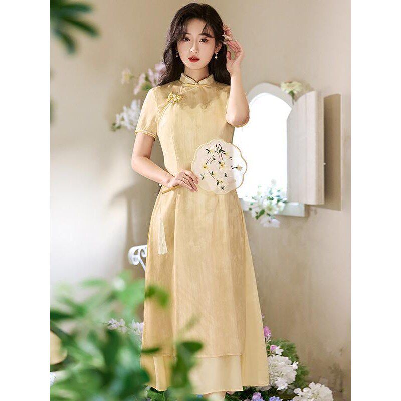 金黄色显瘦奥黛国风新中式改良旗袍2025新款年轻款女连衣裙春夏季
