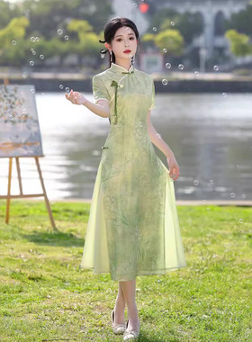 绿色奥黛旗袍2026新款夏季改良年轻款少女新中式日常可穿高考送考