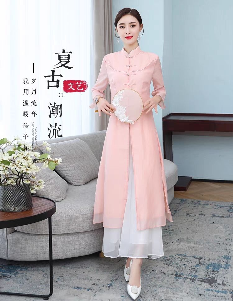 禅意茶服文艺汉服中国连衣裙旗袍改良唐装中式套装两件套复古女装