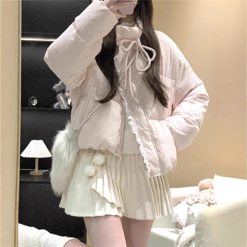 蕾丝拼接羽绒棉服外套女2025年新款冬季韩系高级感粉色蝴蝶结棉衣