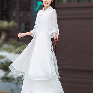 中国民族风修身 优雅雪纺连衣裙仙 禅意茶服文艺复古汉服女套装 夏装