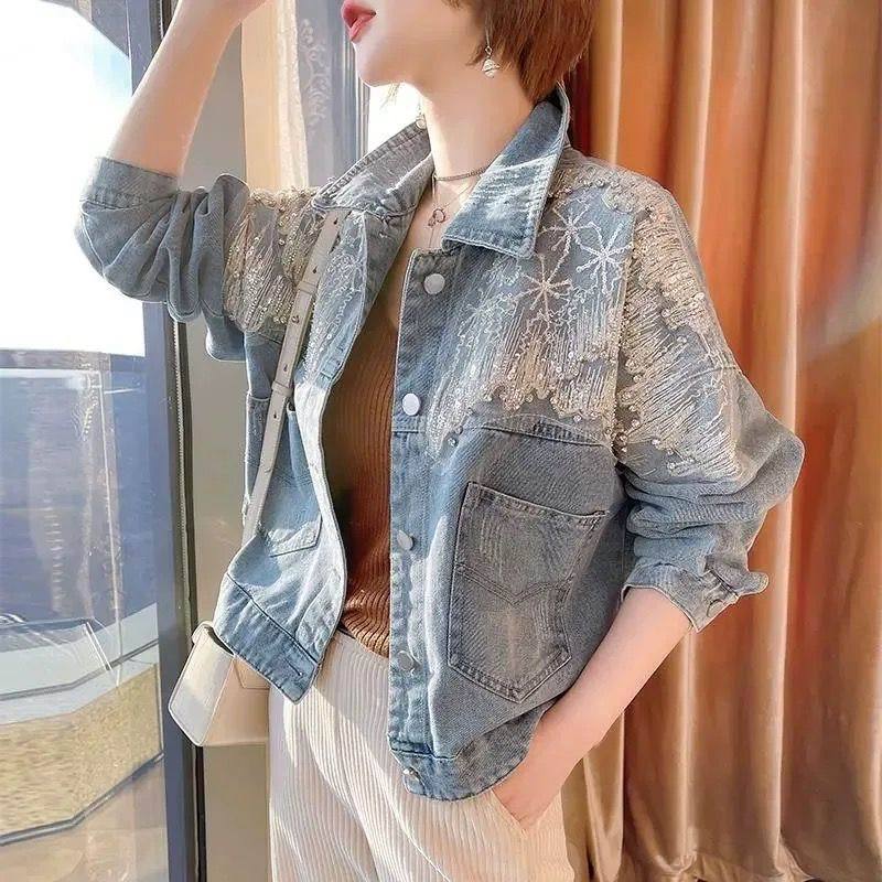 牛仔外套女短款设计感小众休闲重工烫钻网纱上衣2025年春秋款欧货