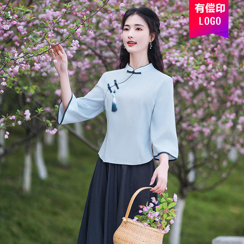 团购新款复古棉麻旗袍套装女装斜襟盘扣年轻版茶服两件套唐装女