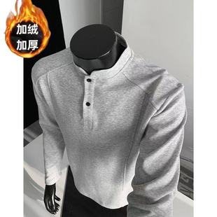 痞帅boxy长袖 美式 t恤解构拼接正肩上衣 亨利领套头卫衣男秋季 新款