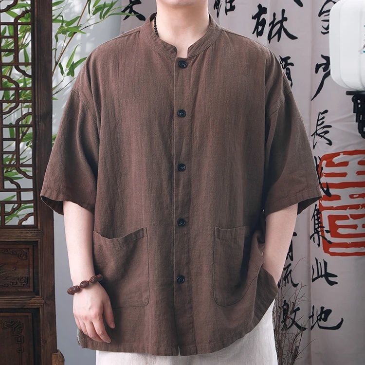 夏季新款国风上衣男士短袖衬衣中式复古立领休闲衬衫宽松百搭上衣