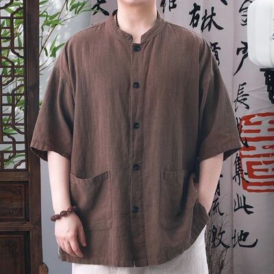 夏季新款国风上衣男士短袖衬衣中式复古立领休闲衬衫宽松百搭上衣
