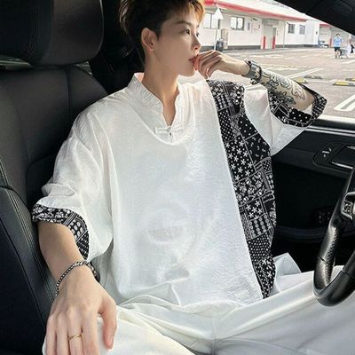 新中式国风拼接大码220斤短袖T恤男款2025夏季新款半袖宽松上衣男